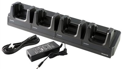 EDA60K four-bay terminal charging cradle for recharging 4 devices. Kit includes dock, power supply and US power cord.